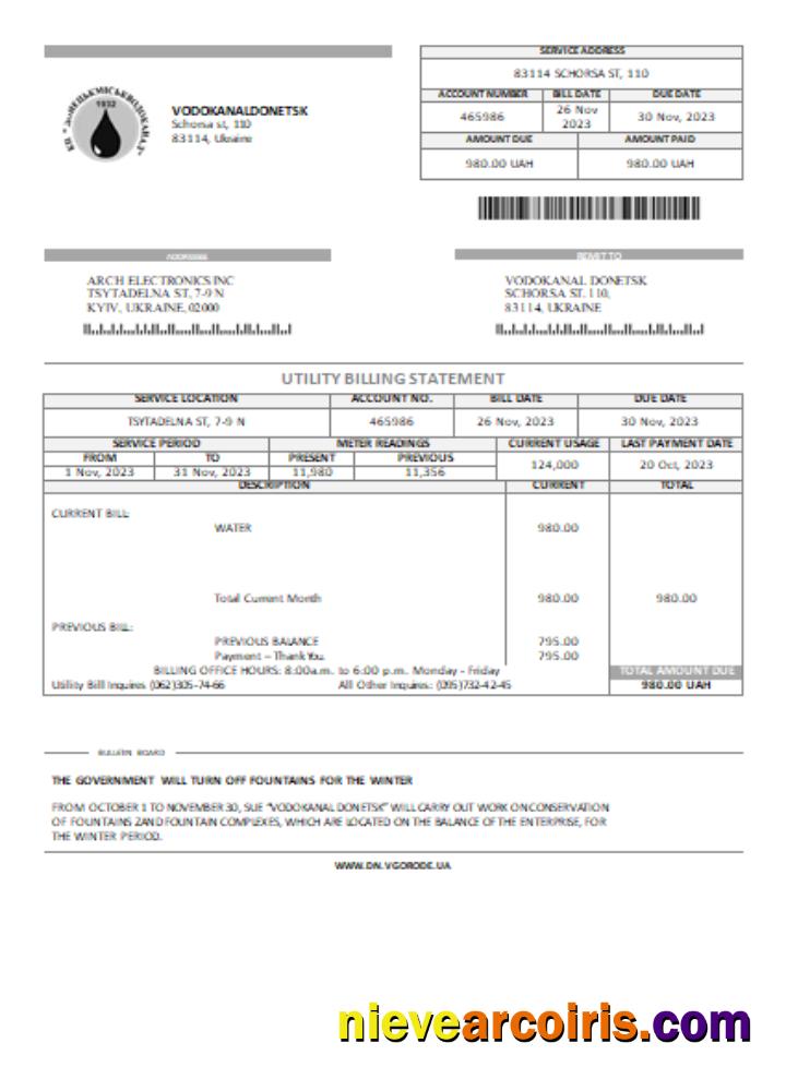 Vodokanal Donetsk utility business bill